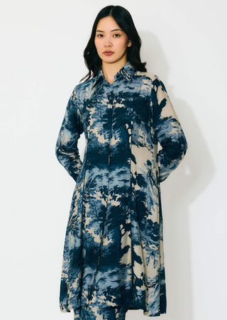 Blue, indigo and beige toile print shirt dress