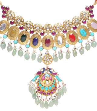 Jayaswi navratan kundan necklace set