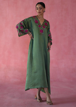 Sheermal Olive Green Kaftan by Begum Pret available on Indiaspopup.com