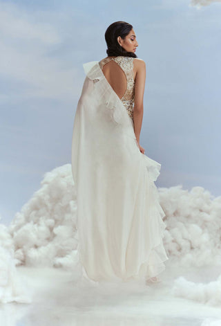 Nachiket Barve-Ivory Draped Slit Ruffle Sari Set-INDIASPOPUP.COM