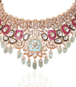 Niharika red and green polki necklace set