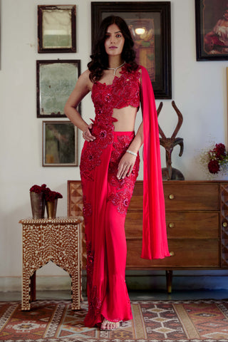 Elara Red Sari And Blouse by Moledro available on Indiaspopup