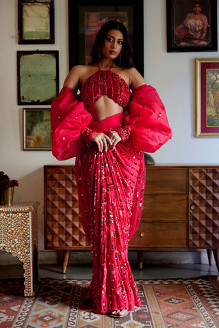 Saavi Red Sari Set by Moledro available on Indiaspopup