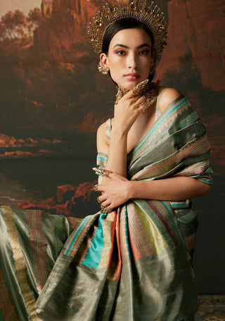Ekaya-Dusty Blue Silk Sari And Unstitched Blouse-INDIASPOPUP.COM