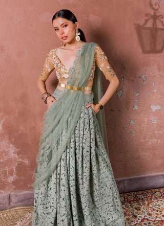 Mint Green Floral Embroidered Skirt Set by The Little Black Bow available on Indiaspopup
