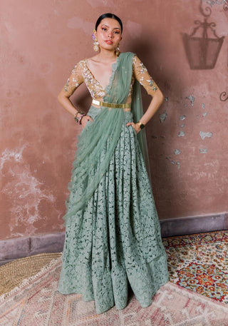 Mint Green Floral Embroidered Skirt Set by The Little Black Bow available on Indiaspopup