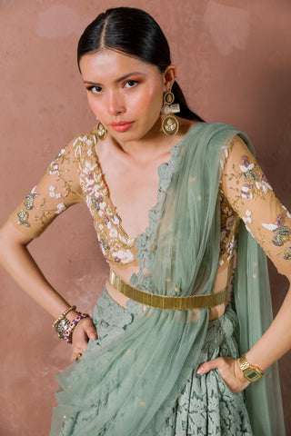 Mint Green Floral Embroidered Skirt Set by The Little Black Bow available on Indiaspopup