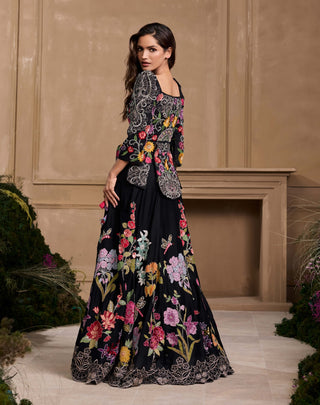 Black Floral Embroidered Panelled Jacket And Lehenga by Chandrima available on Indiaspopup