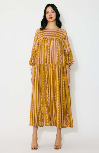 Mustard and peach pattern midi dress