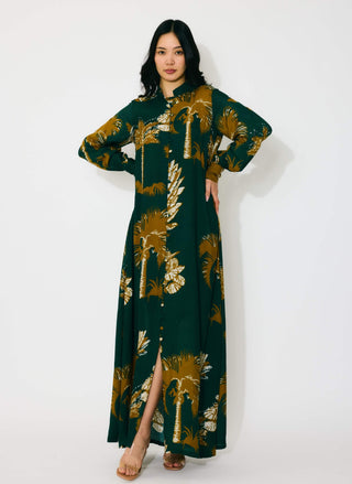 Dark green and mustard floral long shirt dress
