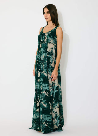 Dark green, mint and beige toil print sleeveless dress