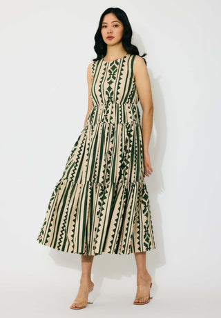 Cream and green pattern sleeveless midi dress