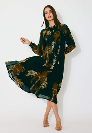 Dark green and mustard floral midi dress