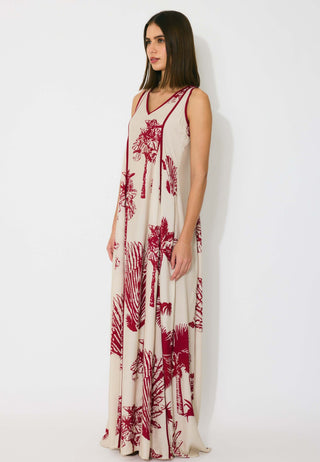 Beige and red floral sleeveless long dress