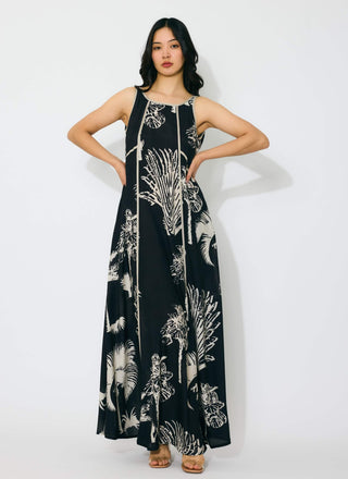Black and beige floral sleeveless long dress