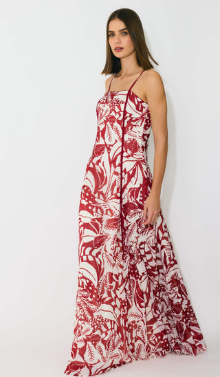 Off-white and red sleeveless long dress