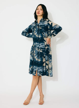 Blue, indigo and beige toile print shirt dress