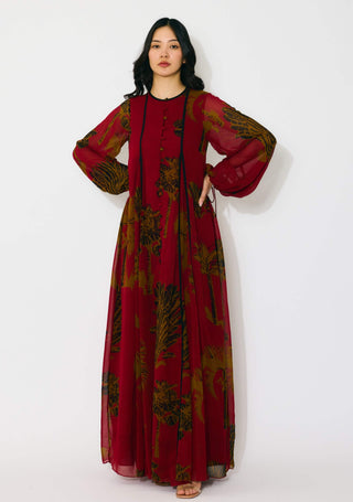 Red, mustard and black floral long shirt dress