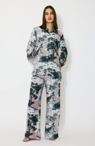 Pink, gray and white toile print shirt and pants
