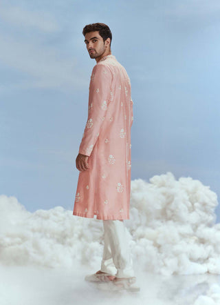 Nachiket Barve Men-Salmon Mehtab Bagh Long Kurta And Pants-INDIASPOPUP.COM