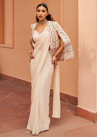 Chhavvi Aggarwal-Ivory Draped Sari And Cape Set-INDIASPOPUP.COM
