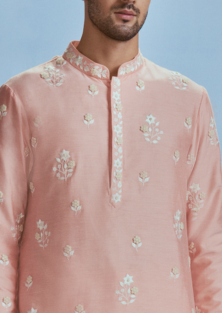 Nachiket Barve Men-Salmon Mehtab Bagh Long Kurta And Pants-INDIASPOPUP.COM