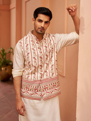Chhavvi Aggarwal Men-Ivory Kurta Set And Printed Bundi-INDIASPOPUP.COM
