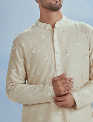 Nachiket Barve Men-Cream Nawab Boota Long Kurta And Pants-INDIASPOPUP.COM