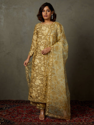 Ri.Ritu Kumar-Khaki Beige Anayna Kurta Set-INDIASPOPUP.COM