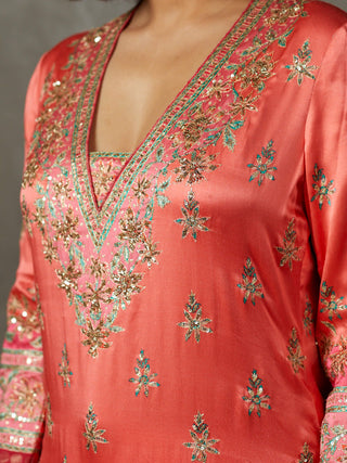 Ri.Ritu Kumar-Coral Pink Arin Kurta Set-INDIASPOPUP.COM
