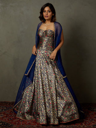 Ri.Ritu Kumar-Royal Blue Kanika Embroidered Lehenga And Cape Set-INDIASPOPUP.COM