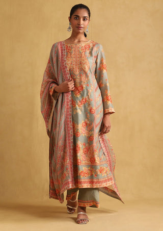 Ritu Kumar-Green Floral Print Chanderi Kurta Set-INDIASPOPUP.COM