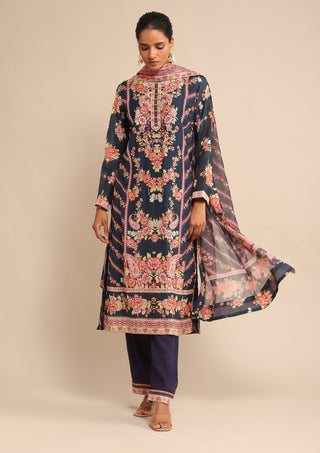 Ritu Kumar-Navy Floral Print Chanderi Kurta Set-INDIASPOPUP.COM