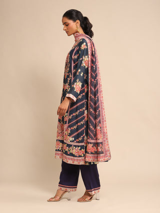 Ritu Kumar-Navy Floral Print Chanderi Kurta Set-INDIASPOPUP.COM