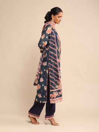Ritu Kumar-Navy Floral Print Chanderi Kurta Set-INDIASPOPUP.COM