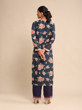 Ritu Kumar-Navy Floral Print Chanderi Kurta Set-INDIASPOPUP.COM