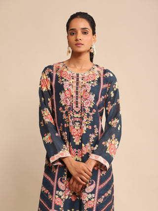 Ritu Kumar-Navy Floral Print Chanderi Kurta Set-INDIASPOPUP.COM