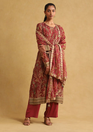 Ritu Kumar-Wine Botanical Print Chanderi Kurta Set-INDIASPOPUP.COM