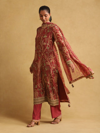 Ritu Kumar-Wine Botanical Print Chanderi Kurta Set-INDIASPOPUP.COM