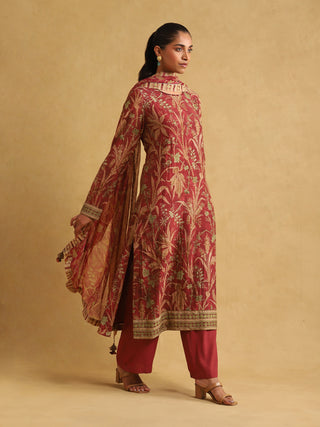 Ritu Kumar-Wine Botanical Print Chanderi Kurta Set-INDIASPOPUP.COM