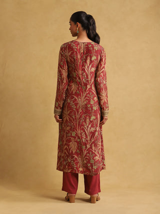 Ritu Kumar-Wine Botanical Print Chanderi Kurta Set-INDIASPOPUP.COM