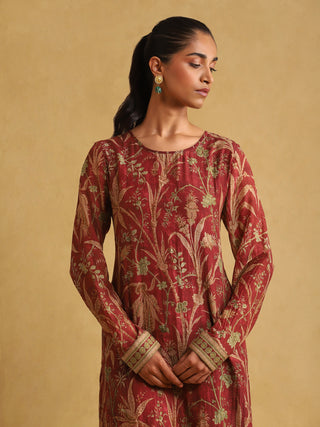 Ritu Kumar-Wine Botanical Print Chanderi Kurta Set-INDIASPOPUP.COM