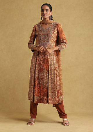 Ritu Kumar-Rust Micro Print Embroidered Kurta Set-INDIASPOPUP.COM
