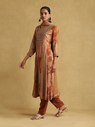 Ritu Kumar-Rust Micro Print Embroidered Kurta Set-INDIASPOPUP.COM