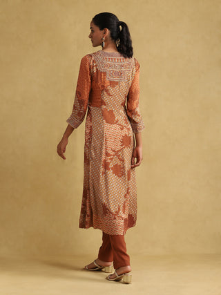 Ritu Kumar-Rust Micro Print Embroidered Kurta Set-INDIASPOPUP.COM