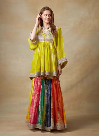 Kisneel By Pam Mehta-Lime Kaftan With Multicolour Gharara-INDIASPOPUP.COM