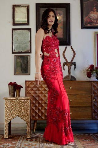 Elara Red Sari And Blouse by Moledro available on Indiaspopup
