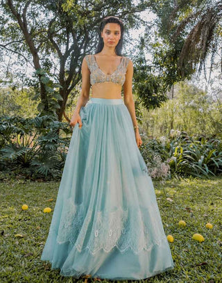 Nude Tulle Crop And Blue Skirt by The Little Black Bow available on Indiaspopup