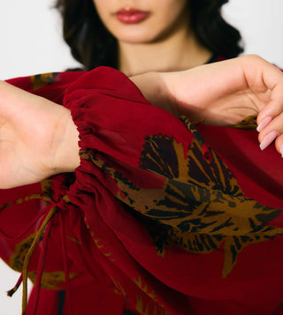 Red, mustard and black floral long shirt dress