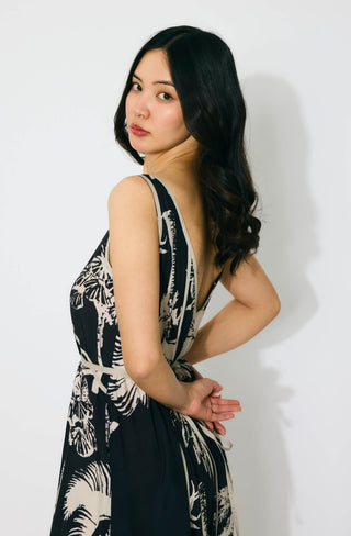 Black and beige floral sleeveless long dress